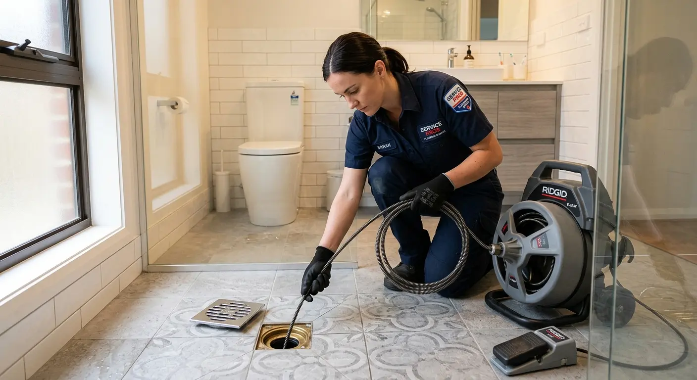 Technician clearing a bathroom floor drain for Clogged Drain Repair in Altoona